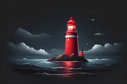 design an app store icon with a red lighthouse in the center shining its light out into the distance of the ocean over a dark black background