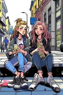 çizgi roman tarzıiki kız beraber sokakta oturuyorlar yaşları daha büyük liseliler daha renkli kızlardan birinin saçı kabarık diğerininki ise biraz uzun geniş açı ikisininde vücudu tam görünsün 2 boyutlu çizgi roman tarzı koyu gölgelendirme