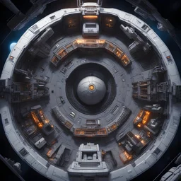 highly detailed city spacecraft in space , Large docking bays recessed, luminescent , 35 mm focal length