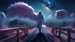 walking straight ahead over a wooden bridge, holding the angel of death with your right hand, entering the fog at the end of the road that leads to the afterlife, and a beautiful sunset and galaxy's behind the fog, realistic