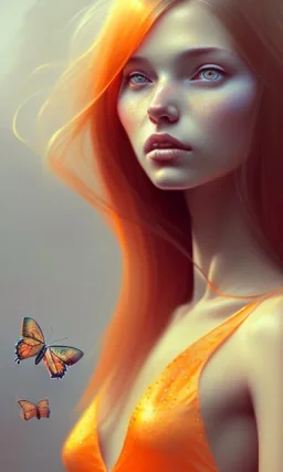 girl, cute, beautiful, head and shoulders portrait by Greg Rutkowski, orange hair, long hair, butterflies in hair, orange dress