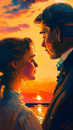impressionism-style painting of two people looking into each others eyes with a sunset in the background