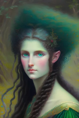 elf maiden, wild hair, blue-green eyes. oil painting 19th century