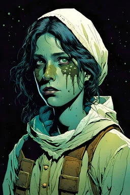 create a hardened, undead teenage Girl Scout, finely defined but decayed facial features, selling cookies in a suburban neighborhood, in the comic book art style of Mike Mignola, Bill Sienkiewicz and Jean Giraud Moebius, , highly detailed, grainy, gritty textures, , dramatic natural lighting