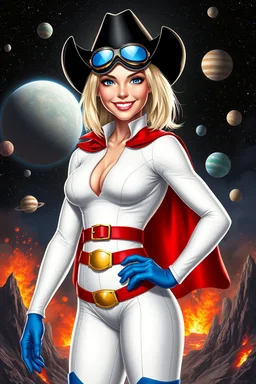 Karen Starr, full body, young athletic white female, crew cut bleach-blonde hair, blue eyes, black cowboy hat, thin, blue goggles, semi-pointed chin, muscular build. Wearing white long-sleeved bodysuit with high collar with plunging neckline, blue elbow gloves, red belt with gold buckle, red cape, blue knee boots. Big smile. Background: outer space, planets, stars, galaxies, fire, explosions, volcanic lava, craggy peaks. Photorealistic