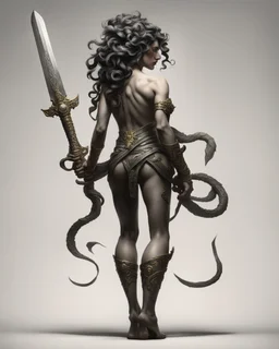 full-length, detailed persona, sword in hand, gorgon medusa, from the back, half-turn, leaning on one leg