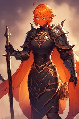 Paladin in dark armor, orange hair, orange eyes, standing in mists, Female, dark art, Peach skin