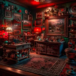 Diorama of old stuff in a room, sharp focus, 8k, 3d, very detailed, volumetric light, grim, fine art, very colorful, ornate, peaceful, 35mm, F/2.8, insanely detailed and intricate, hypermaximalist, super detailed, decadent