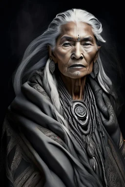 a photo of an Aztec man with ethnic jewelry, grey hair and grey flowing robe, in style of Annie Leibovitz, contemporary portrait of a mature yet beautiful and modernist woman, black and grey, detailed feminine face, swirling fluid smokey enigma, award-winning artwork