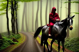 hooded monk on horseback in the forest