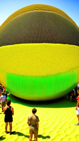 Giant sphere made of sand , people gathering to look