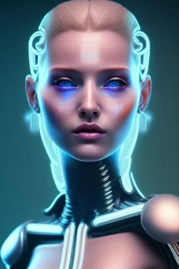 cyberpunk, head, women, portrai, tron sketch of a girl on lined paperA beautiful one nude body of a make up smiling woman blond long hair, alone, high key lighting, volumetric light high details with white stripes and blue eye, smiling with plump pink lips, flowers around, unreal engine petit prince belle fine, profil de trois quart, grand front cosmique, peau bleu cristalline, yeux bleu, perle sur le front long cheveux blond et rose etoilé, cristaux sur le corps, collier de grande princesse, l