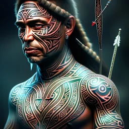 Portrait Chef Maori iron maiden tatouages tribaux maoris, arc à flèches, full détail, 4k,