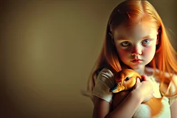 Beautiful golden red hair girl holding duck portrait in ochre, moody, somber, desaturated colors