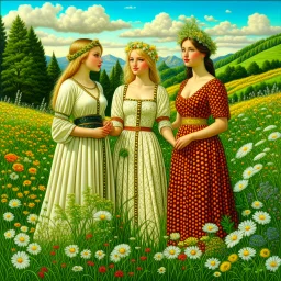 Scandinavian folk women, midsummer, traditional, pagan, painted, digital painting, 24k, high resolution, highly detailed, ornate, meadow with flowers and trees, art by RAFFAELLO OSSOLA