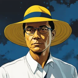 Gustavo Petro, comic style artwork, dark yellow, black and blue, wearing a wide-brimmed hat, wearing a white shirt, serious and thoughtful,