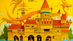 A golden yellow dragon palace with airships painted by Stuart Davis