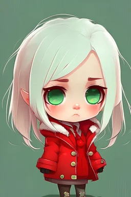 Chibi girl with white hair and small size red coat green eyes