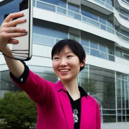 A short haired, Japanese female software engineer taking a selfie in front of Building 92 at Microsoft in Redmond, Washington