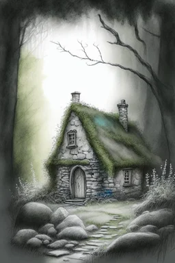 a small, moss covered, stone cottage in a clearing in the woods elegant pencil sketch digital painting extremely detailed very attractive dynamic lighting award winning fantastic view crisp quality