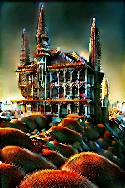 Gingerbread house, H. R. Giger Tishk Barzanji Michiel Schrijver Zdzisław Beksiński Beautiful synthwave city painting, digital illustration, extreme detail, digital art, 126k, Ultra HD