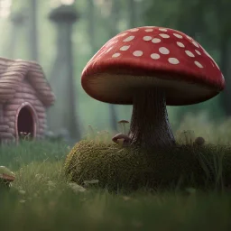 Mushroom girl and mushroom house, unreal 5, octane render, cinema4d, redshift render, hyper realistic, cenematic, vibrancy, synthwave, retouch, centered, dynamic lighting, dramatic lighting, 4k, highly detailed, attractive beautiful, realistic, epic composition, holographic,