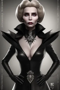 Constance Langdon as evil queen in black leather, busty, cleavage, angry, stern look. character design by fenghua zhong. unreal engine 5, artistic lighting, highly detailed, photorealistic, fantasy