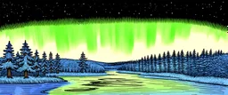 hand drawn memorial placard, northern lights on the top right and left with a thin section joining then through the middle. below are trees and water. whimsical hand drawn style. line drawing with muted color