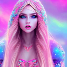 beautiful, soft, smiling face, whole head, long straight blonde hair blues eyes, crown on the head, clothing in transparent bluish and pink veil, background brillante bluish and pink, hight definition, 8K