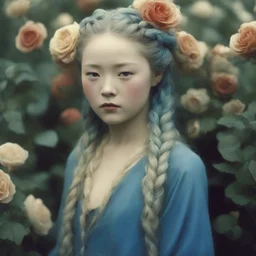 Old autochrome of devon aoki with golden cheeks, strange blue braids. in a garden of roses, in 1830