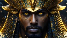 ((Egyptian synthetic King)) ((Male Osiris)), black and gold, ((yellow intensely shinning, illuminated eyes)), ((Photorealistic)) extreme close-up, bioluminescent, realism, high detail, octane render, 8k, (((Chaotic storm of intricate colorful liquid flowing around))), full - length abstract portrait, by petros afshar, ross tran, radiant light octane render highly detailed