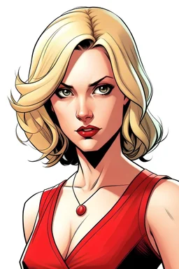 Female, looking serious, in a red dress, with blond hair in a comic style