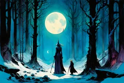 create a wildly conceptual illustration of sorceress coven meeting in an ethereal, otherworldly , darkened, ancient winter forest , in the comic book art style of Bill Sienkiewicz, Mike Mignola, Sparth, and Jean Giraud Moebius, finely drawn, colored and inked, suffused with dramatic natural light and shadow under a midnight blue moon