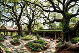 A panoramic view of the Library Gardens, where medieval fantasy meets ancient nature. Winding stone paths meander beneath towering centuries-old trees whose massive canopies create a living cathedral ceiling, casting intricate shadow patterns below. Hanging vines and multicolored flowers cascade from branches, while climbing plants embrace the ancient trunks. Natural sitting areas are formed by time-smoothed boulders and fallen tree trunks, polished by centuries of readers. The library itself em