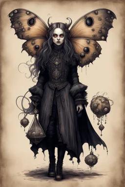 Jean-Baptiste Monge style 19th century hand drawn full body portrait dark gothic fantasy illustration of a walking hybrid Polyphemus moth goth girl, with highly detailed facial features with multi cellular eyes, drawings, 8k, vibrant natural colors,