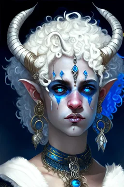 A young tiefling woman with a set of ram horns on her head encrusted with jewels, White-Blonde, short curly hair, black eyes, dressed in white and blue with lots of jewelry, beautiful