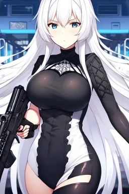 close-up gothic anime girl, white hair, tight outfit with gun on thigh, standing on a train track, smoke and fire surroundings, she is dull and dark, looks determined , train approaching behind her,