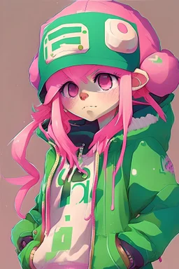 Inkling, loli, pink hair, pink eyes, pink bobble hat, green hoodie, spats, flat chest