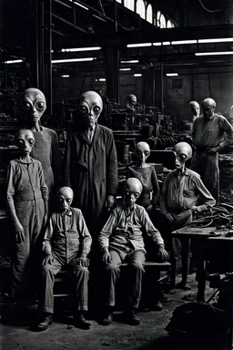 1900's black and white vintage photo, interior, working (alien) organ manufacturing factory warehouse, unhappy and angry,stange long grey alien human hybrid creature with a family that is super sad, captured on square format film, grainy brown, aged, old men depressed, tired