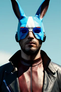 Medium Close Up Portrait, Front image. cyberpunk, rabbit mask, us man, white Rasta hair. leather suit. White, blue, red, color. Akira style. Color background, photo studio. Avatar image, highly detailed, concept art, smooth, unreal engine 5, god rays, ray tracing, RTX, lumen lighting, ultra detail, volumetric lighting, 3d, finely drawn, high definition, high resolution.