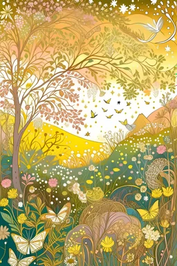 Illustrate a serene meadow adorned with delicate fairy lights hanging from branches, creating a magical ambiance. Craft an intricate line art design that captures the enchanting glow of the lights and the beauty of the meadow. Encourage the use of warm, soft colors such as golden yellows, soft greens, and blush pinks to evoke a dreamy and whimsical atmosphere. Let your coloring transform this scene into a captivating and cozy dreamscape. for coloring book