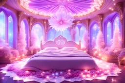 a beautiful crystal big fairy large bed rooms in the fantasy ambience cosmic, lights and beautiful crystal ametist, diamonds, glitter smalls and littles stars, white and glitter flowers, and stars in the fantasy cosmos,4k, ultra details, real image