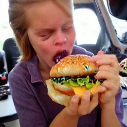 Greta eating cheeseburgers oozing with grease.