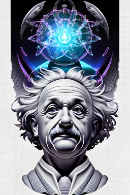 Albert Einstein, detailed and intricate calligraphy ink painting of a "cyborg Mad Scientist" holding beakers, outer space Background cosmic fractals, dystopian, concept art, unreal engine 5, god rays, ray tracing, RTX, lumen lighting, ultra detail, volumetric lighting, 3d, finely drawn, high definition, high resolution. award-winning: professional portrait: atmospheric: commanding: fantastical: clarity: 16k: ultra quality: striking: brilliance: stunning colors: amazing depth: masterfully crafted