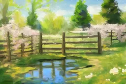 amazing sunny spring day, trees, flowers, fence, little pond, lesser ury impressionsim painting