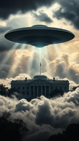 A ufo hovering above the White house hovering above swirling clouds, emerges from the heart of a raging storm. Turbulent winds of steam swirl around the iconic structure, lit by shafts of sunlight that cast dramatic shadows on the A large UFO spacecraft hovering over the pentagon building surrounding clouds. A storm rages and thunder lights up the dark sky,