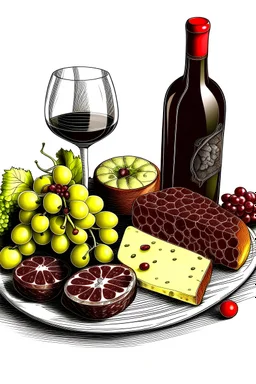 wine platter drawing with salami, grapes and cheese