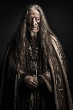 old long haired warrior with tribal tattoos and cloak