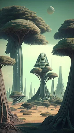 alien landscape with trees and buildings