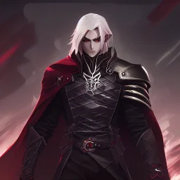 Vampire knight, young man, handsome, long white hair, black full plate armor, red cape